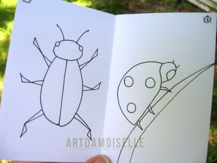 Open booklet showing simple line drawings of a beetle and a ladybug.